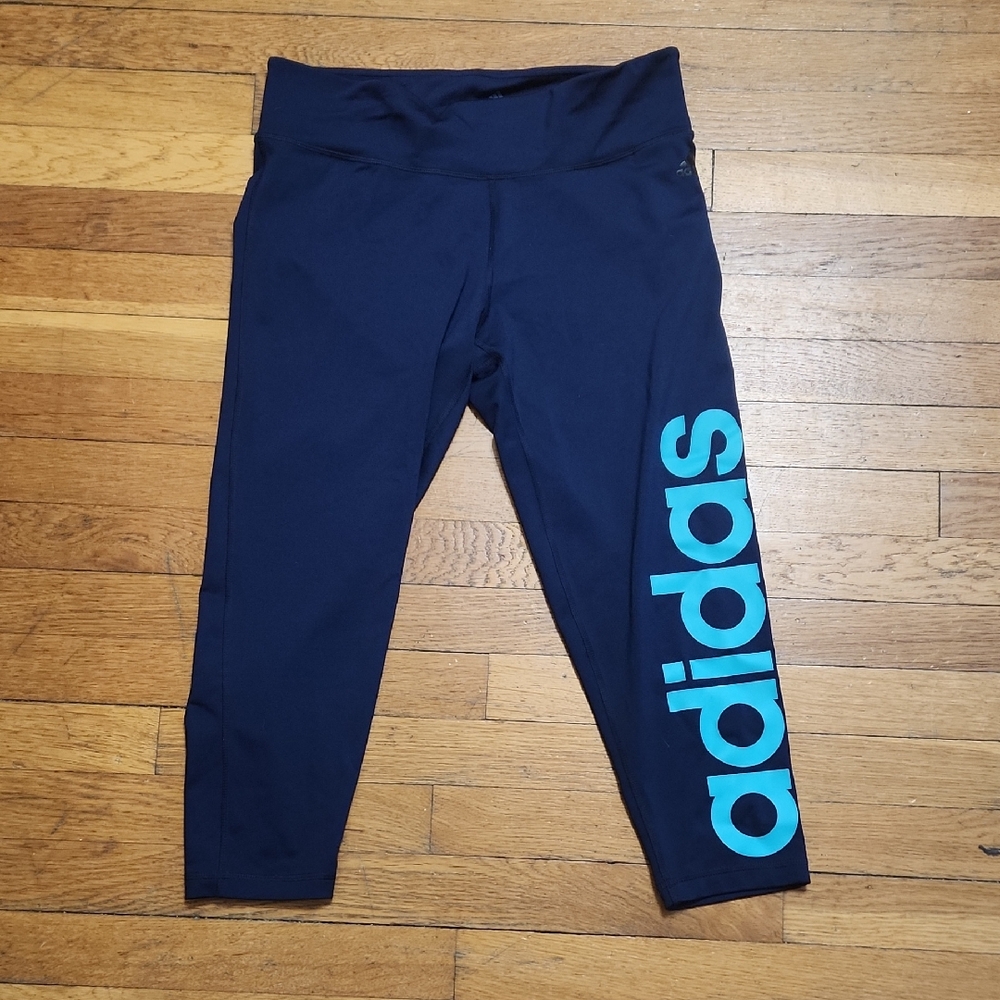  Adidas 3/4 Mid Rise Mix Fab Climalite Workout Tights Navy Size Large